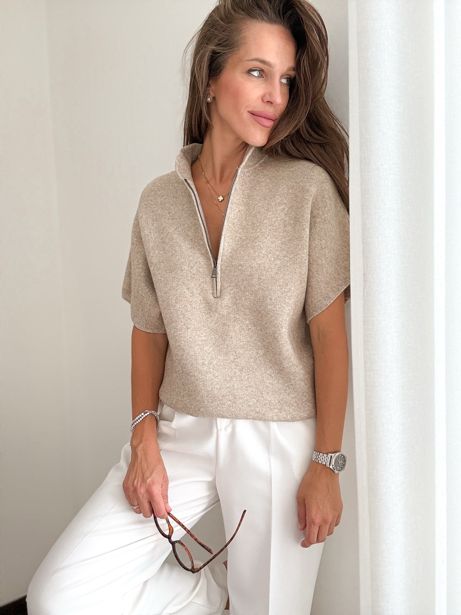 Dzianinowa bluzka Zipper taupe - obrazek 6