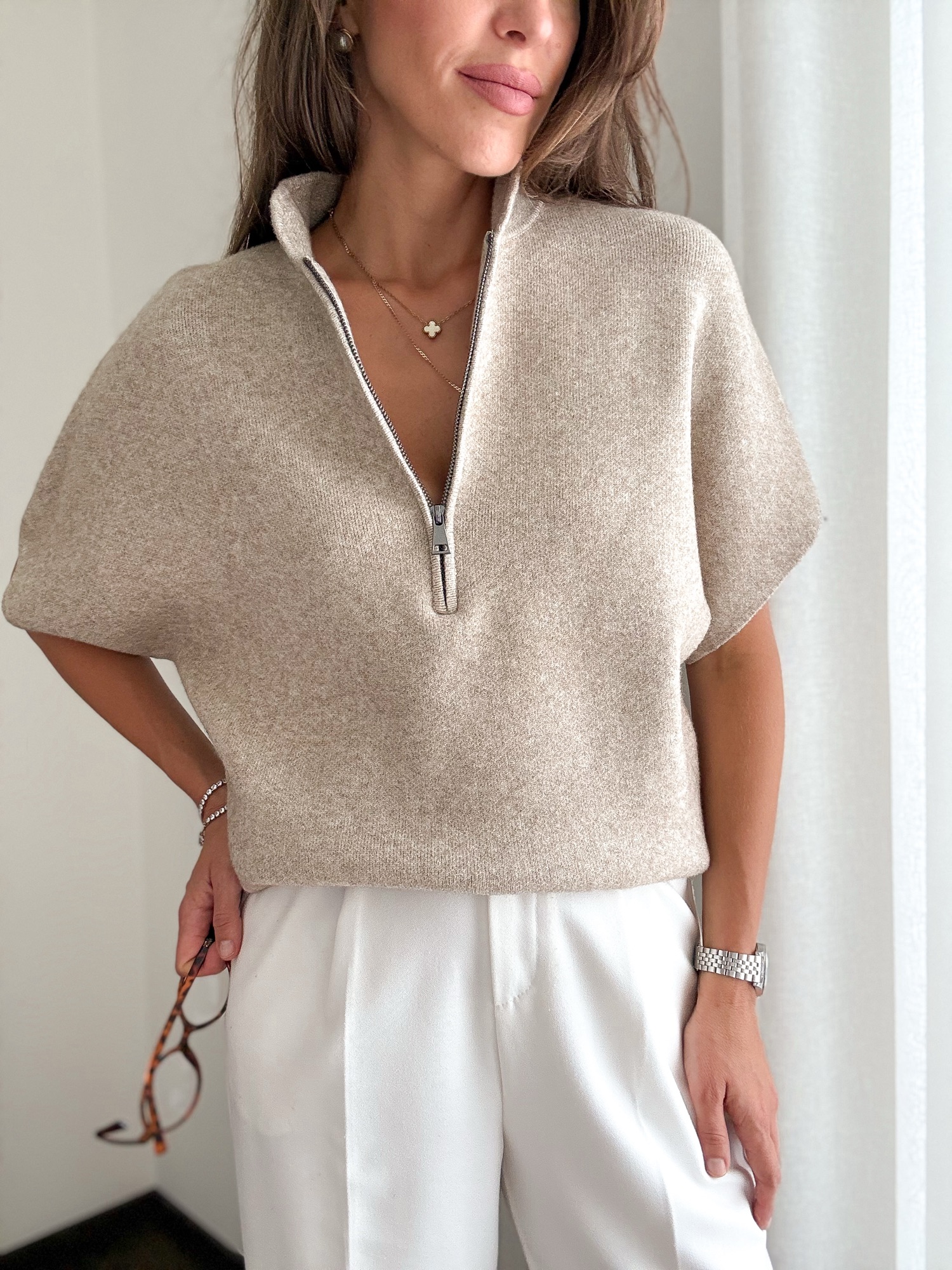 Dzianinowa bluzka Zipper taupe - obrazek 4