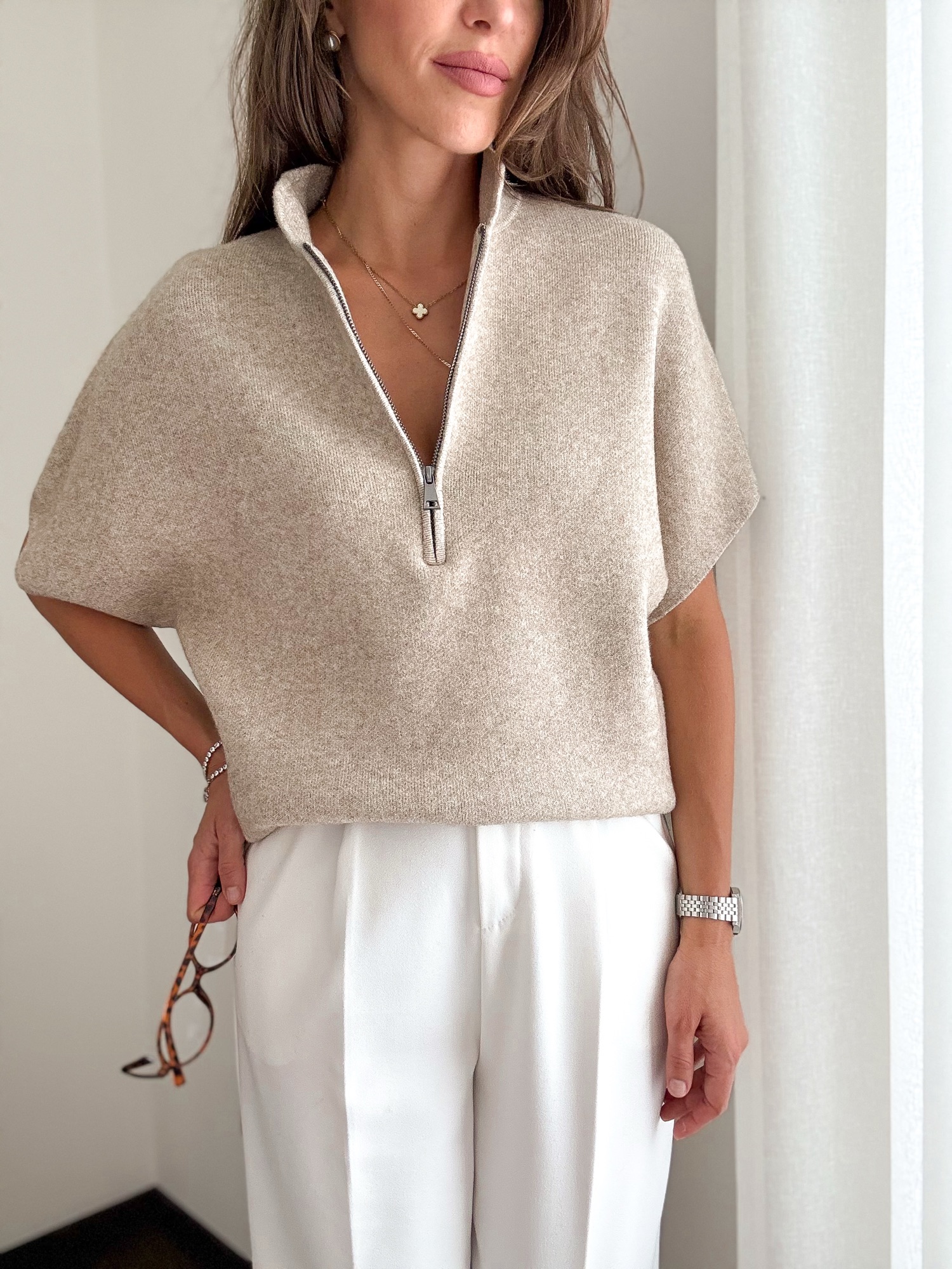 Dzianinowa bluzka Zipper taupe - obrazek 3