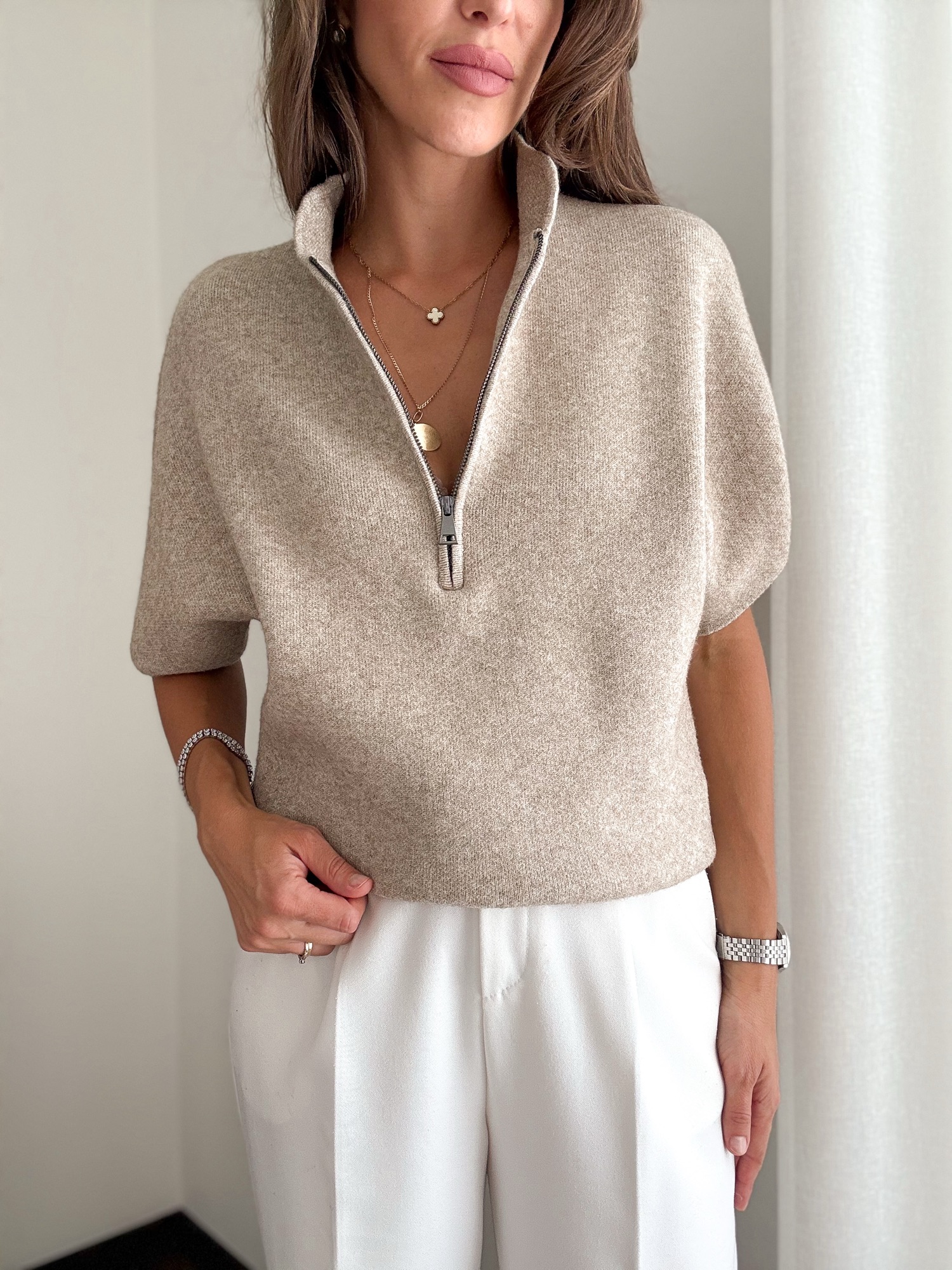 Dzianinowa bluzka Zipper taupe - obrazek 8