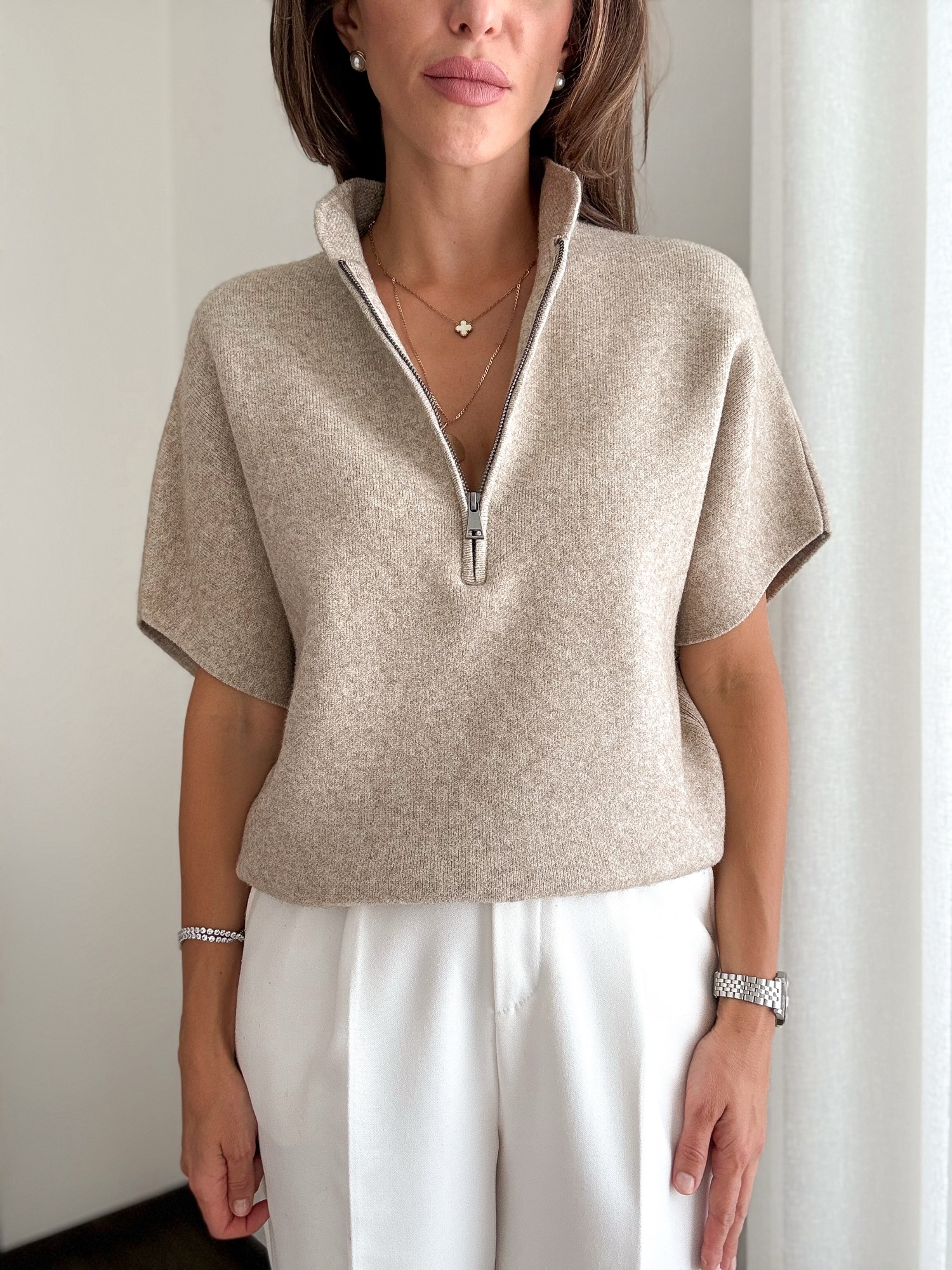 Dzianinowa bluzka Zipper taupe - obrazek 9