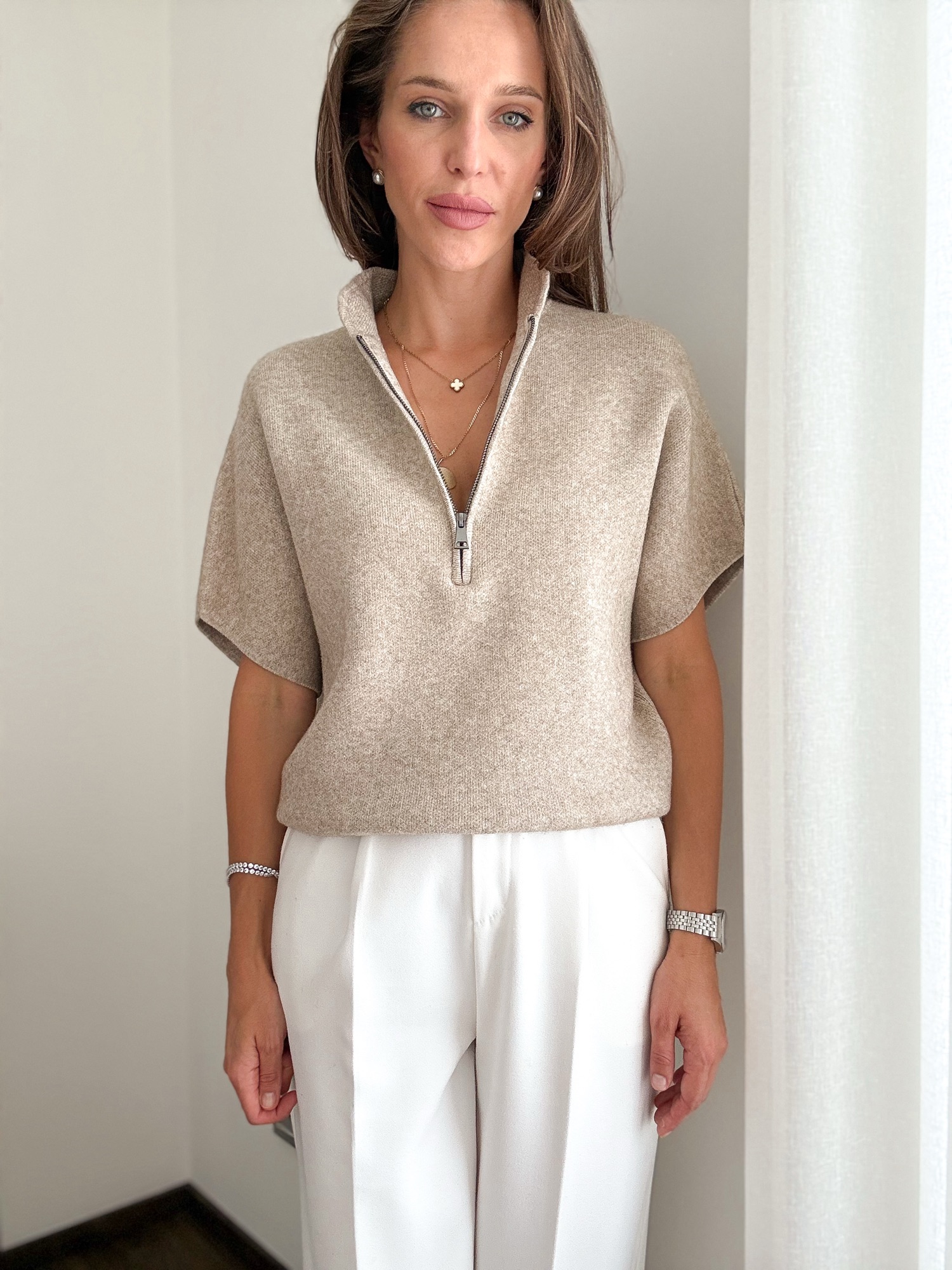 Dzianinowa bluzka Zipper taupe - obrazek 12