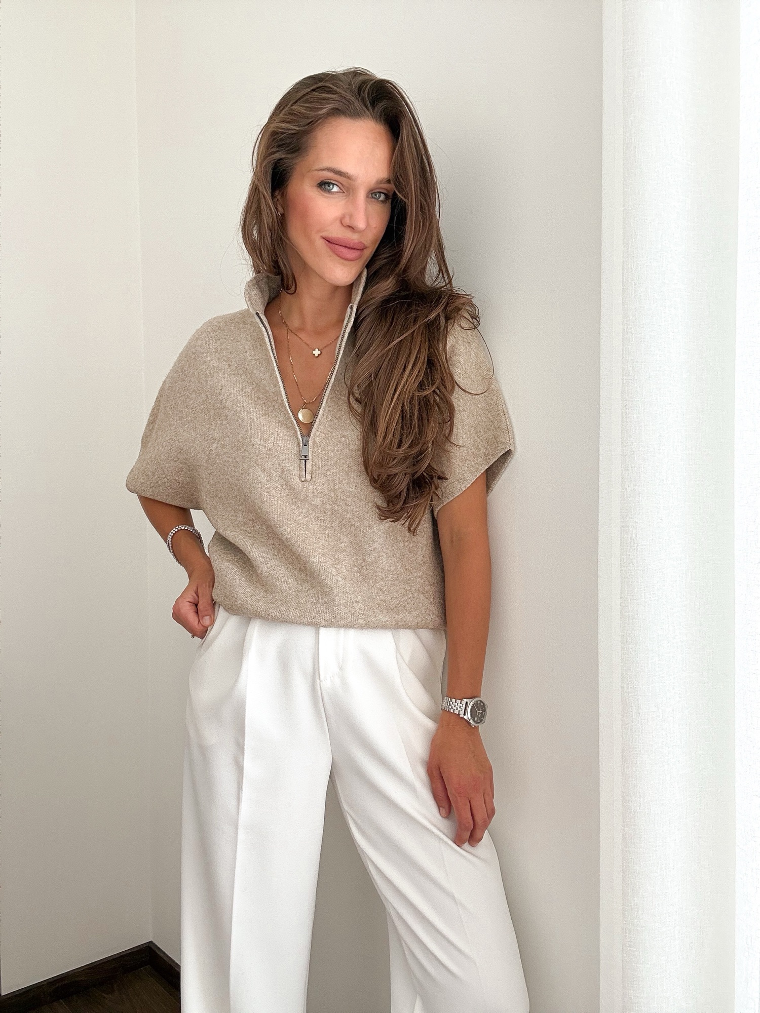 Dzianinowa bluzka Zipper taupe - obrazek 2