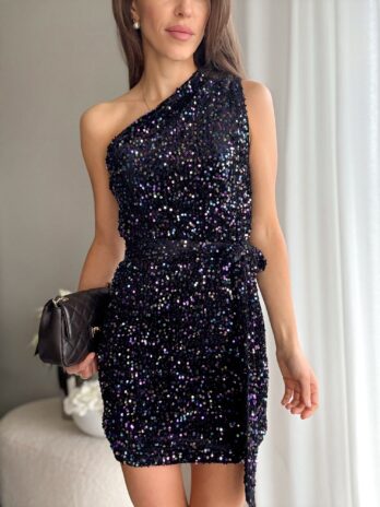 Cekinowa sukienka na jedno ramię czarna